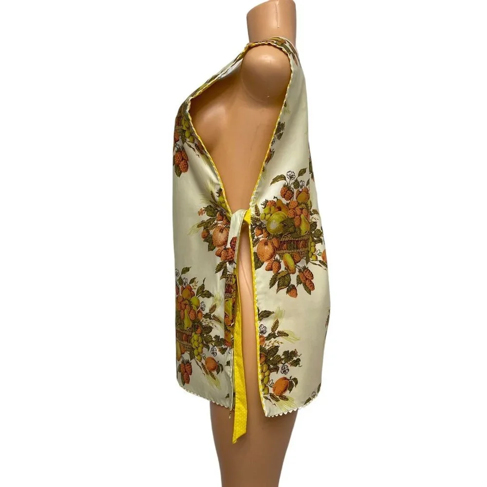 Women Yellow Orange Reversible Bib Apron Fruit Floral Pattern Vintage Autumn - Picture 6 of 14